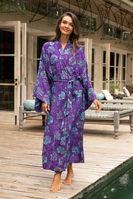 Purple Blue Batik Print Long Sleeved Rayon Robe with Belt 'Daydream in Violet'