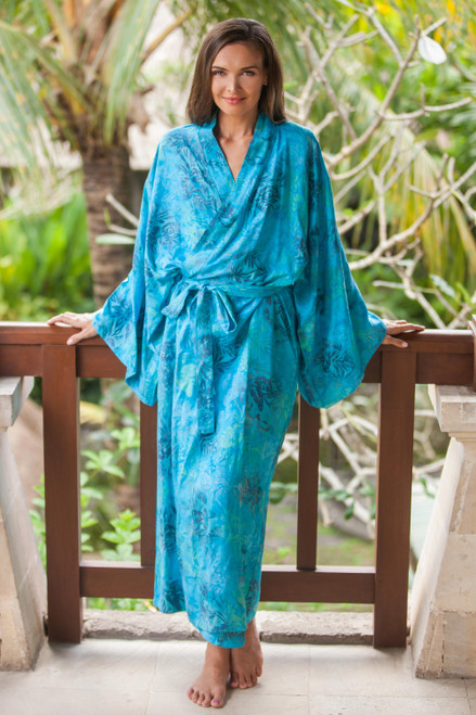 Blue and Green Rayon Morning Garden Batik Long Sleeved Robe 'Daylight Eden'