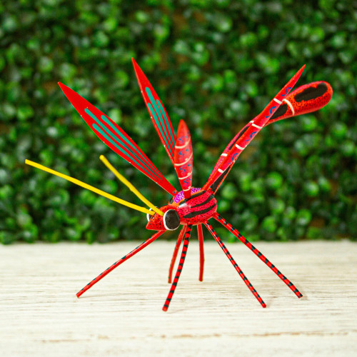 Handmade Dragonfly Alebrije Figurine in Red from Oaxaca 'Red Dragonfly'