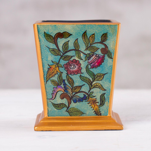 Handcrafted Reverse-Painted Glass Pencil Holder from Peru 'Flowering Companion'