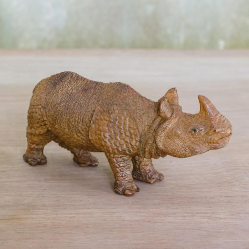 Hand-Carved Raintree Wood Rhinoceros Sculpture 'Curious Rhino'