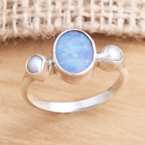 Handmade Opal Cultured Pearl 925 Sterling Silver Ring 'The Moon and the Sea'
