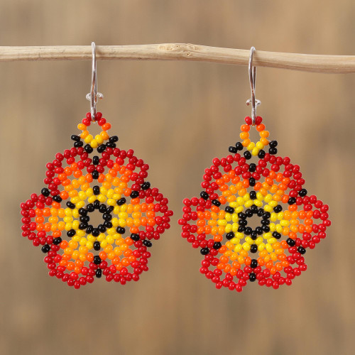 Glass Beaded Floral Dangle Earrings in Red from Mexico 'Blazing Flowers'