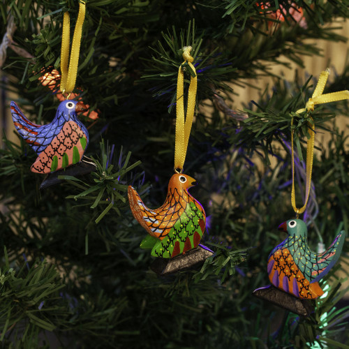 Wood Alebrije Chicken Ornaments Set of 5 from Mexico 'Sweet Chickens'