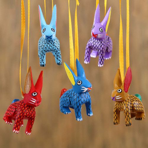 Wood Alebrije Rabbit Ornaments Set of 5 from Mexico 'Sweet Rabbits'