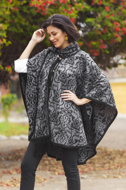 Alpaca Blend Grey and Black Ruana with Scarf 'Peruvian Wildflower in Grey'