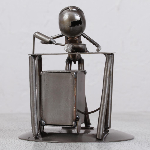 Upcycled Metal Auto Part Sculpture of a Welder from Mexico 'Concentrating Welder'