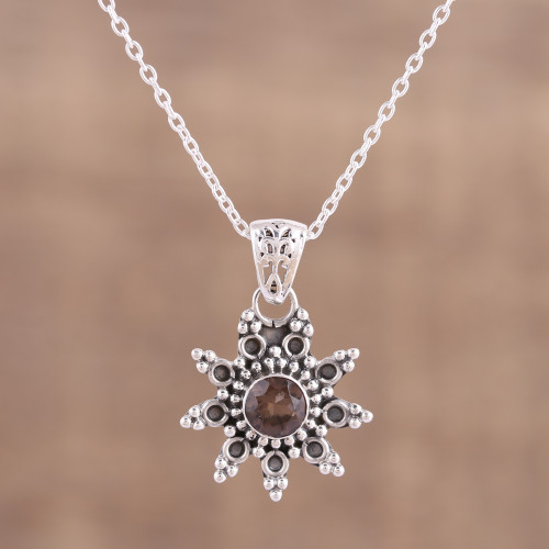 Smoky Quartz and Sterling Silver Pendant Necklace from India 'Astral Allure'