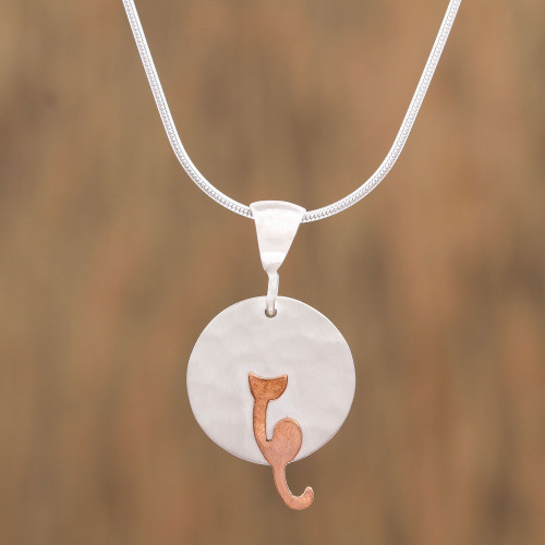 Sterling Silver and Copper Cat Pendant Necklace from Mexico 'Lunar Cat'