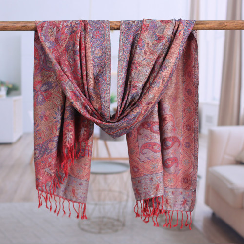 Viscose Blend Floral and Paisley Shawl from India 'Paisley  Floral Grandeur'