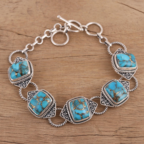 Sterling Silver and Composite Turquoise Link Bracelet 'Exotic Delight in Blue'