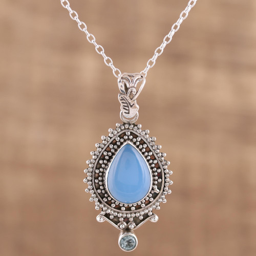 Handcrafted Blue Chalcedony Pendant Necklace from India 'Soul's Serenity'