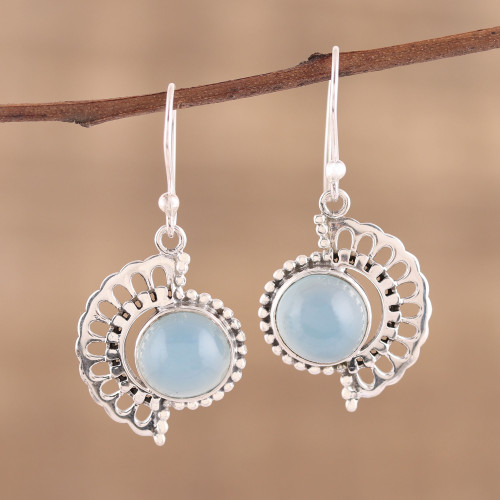 Handmade 925 Sterling Silver Blue Chalcedony Earrings India 'Crescent Flower'