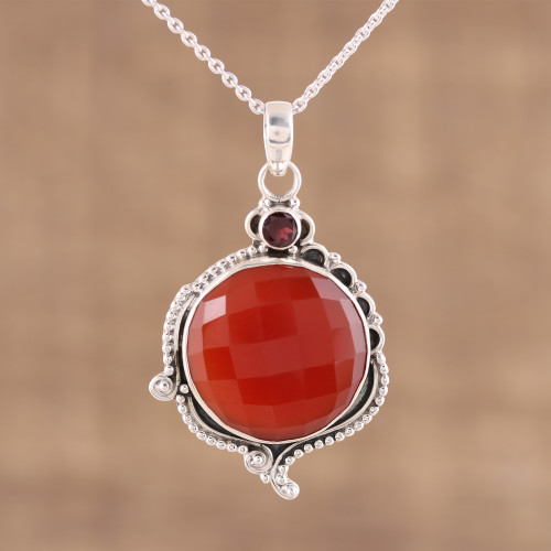 925 Sterling Silver Faceted Carnelian and Garnet Necklace 'Sunset Glamour'