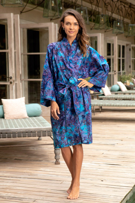 100 Cotton Artisan Batik Robe 'Moonlit Blossoms'