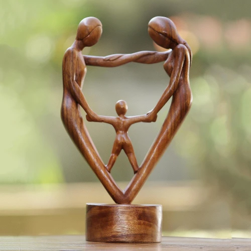 Hand-Carved Parents and Child Blessing Suar Wood Statuette 'Our Blessing'