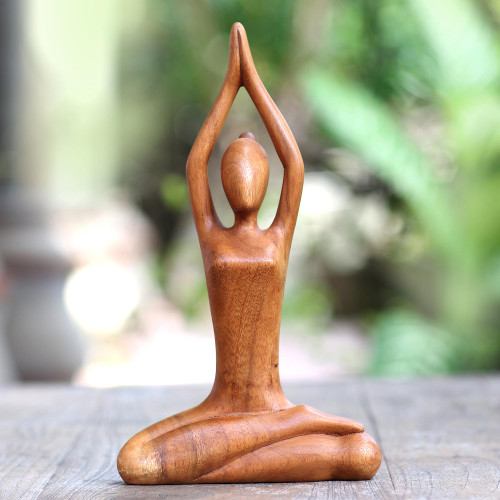 Hand Carved Yoga Sitting Pose Suar Wood Sculpture 'To the Sky'