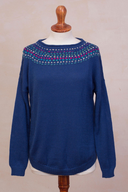 Knit Blue Baby Alpaca Pullover Sweater from Peru 'Indigo Luxury'