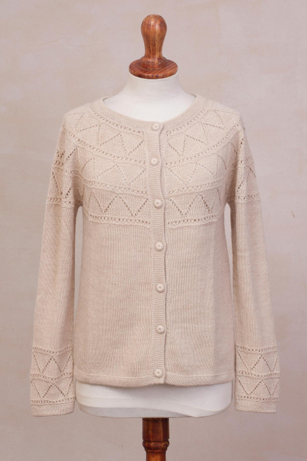 Ivory Baby Alpaca Cardigan Sweater with Pointelle Designs 'Sweet Mystique in Ivory'