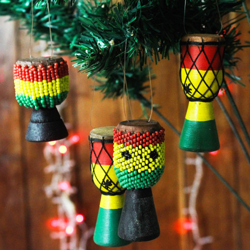 Wood and Recycled Glass Drum Ornaments from Ghana Set of 4 'Eco Djembes'