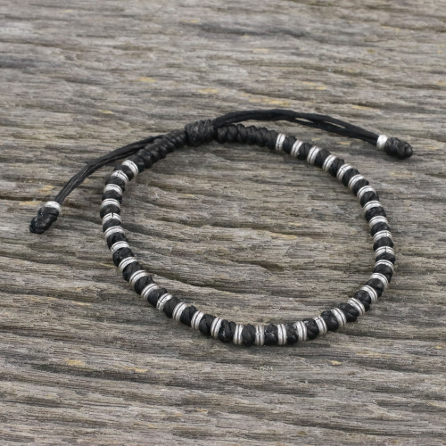 Artisan Crafted Cord Bracelet with 950 Silver Beads 'Endeavor in Black'