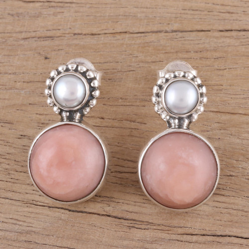 Cultured Freshwater Pearl and Pink Opal Drop Earrings 'Moonlit Blush'