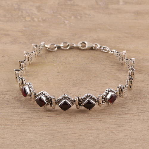 Sterling Silver Red Garnet Openwork Link Bracelet 'Radiant Red Romance'