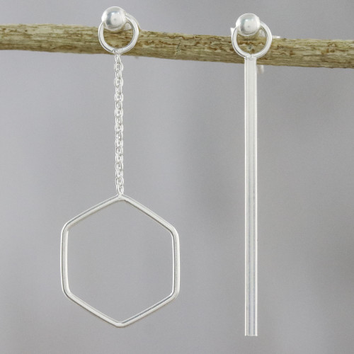 Artisan Handmade 925 Sterling Silver Earrings Hexagon Chain 'Icy Holiday'
