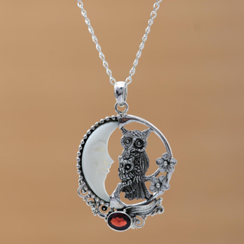 Handmade 925 Sterling Silver Garnet Owl Pendant Necklace 'Owl's Night'