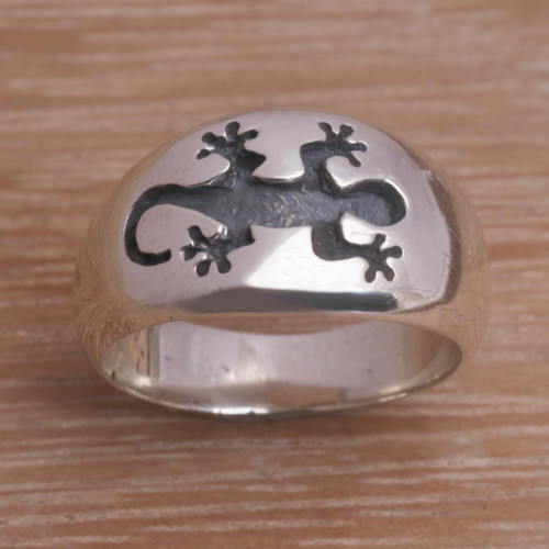 Men's Sterling Silver Gecko Band Ring with Gecko Motif 'Grand Gecko'