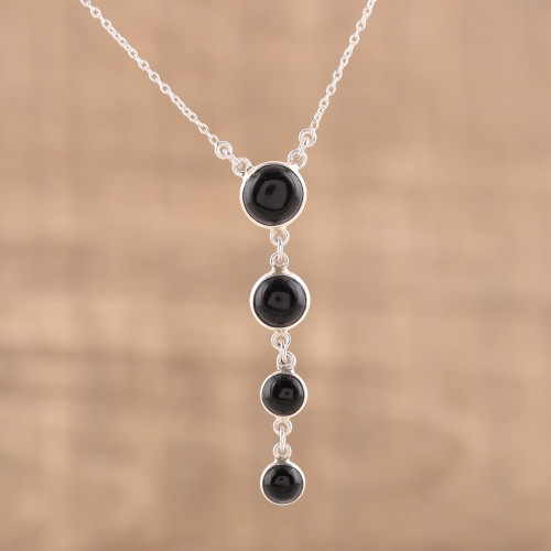 925 Sterling Silver and Black Onyx Y-Necklace from India 'Dancing Orbs'