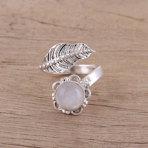 Leaf-Shaped Rainbow Moonstone Wrap Ring from India 'Forever Natural'