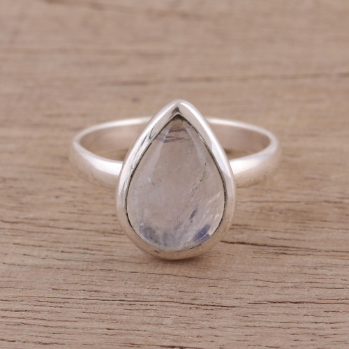 Teardrop Rainbow Moonstone Single Stone Ring from India 'Natural Drop'