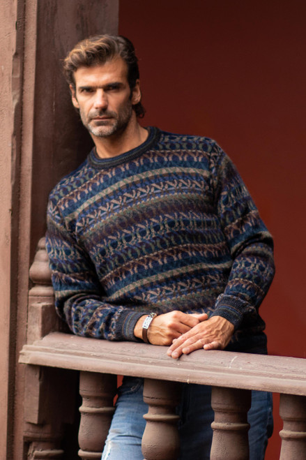 Men's Patterned Earth Tones 100 Alpaca Pullover Sweater 'Tempest'