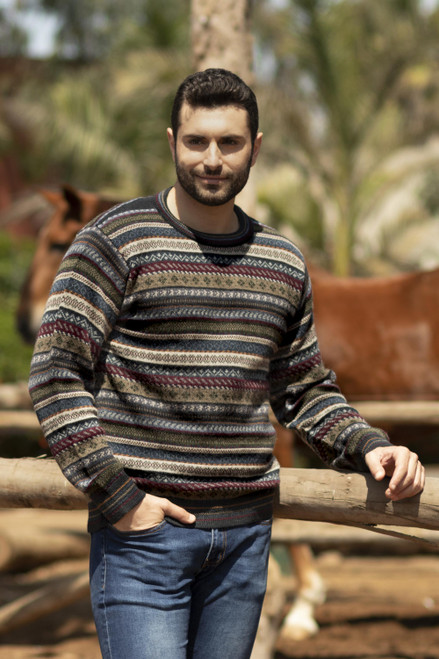 Men's Striped and Patterned 100 Alpaca Pullover Sweater 'Professor'