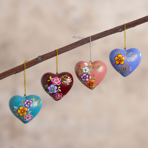 Hand Painted Ceramic Heart-Shaped Ornaments Set of 4 'Love Quartet'