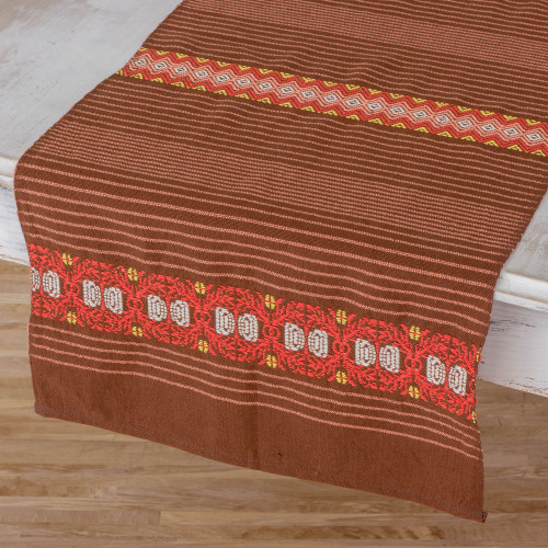 Striped Cotton Table Runner in Chestnut from Guatemala 'Striped Paths in Chestnut'