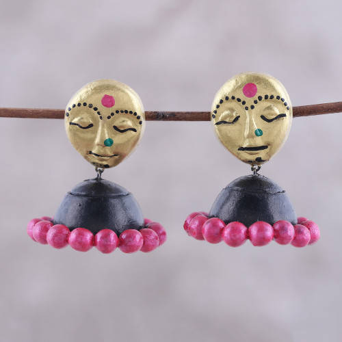Hand-Painted Feminine Ceramic Dangle Earrings from India 'Golden Ladies'