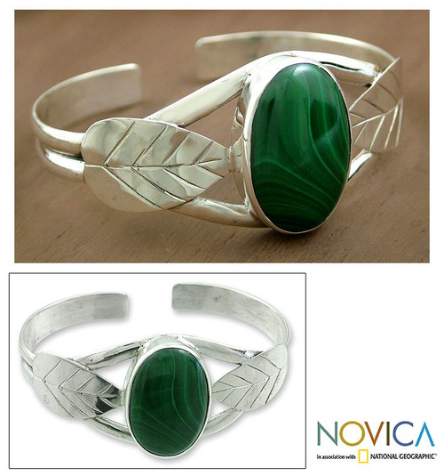 Artisan Crafted Sterling Silver Cuff Malachite Bracelet 'Ivy'