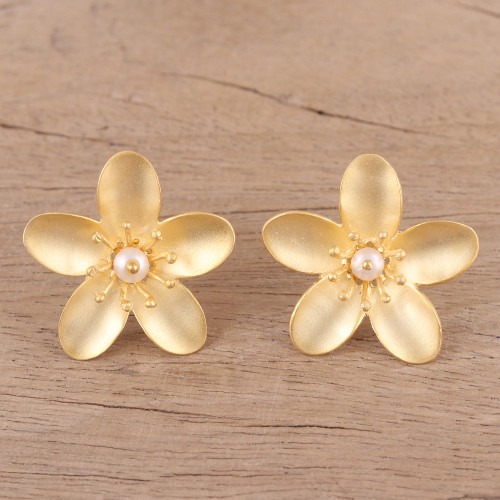 Cultured Pearl 22k Gold Plated Sterling Silver Earrings 'Blooming Plumeria'