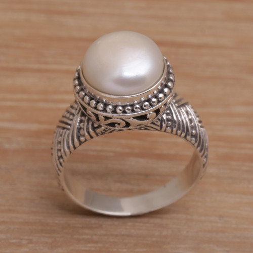 Handmade 925 Sterling Silver Cultured Pearl Cocktail Ring 'Moonlight Glyph'