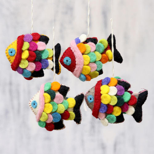 Set of Four Multicolored Wool Fish Ornaments from India 'Rainbow Scales'