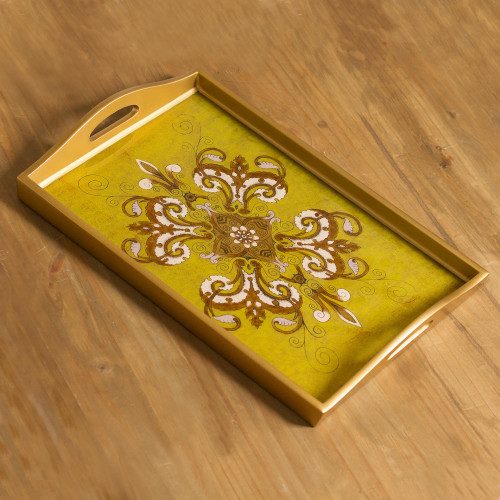 Gold-Tone Floral Reverse Painted Glass Tray from Peru 'Regal Petals'