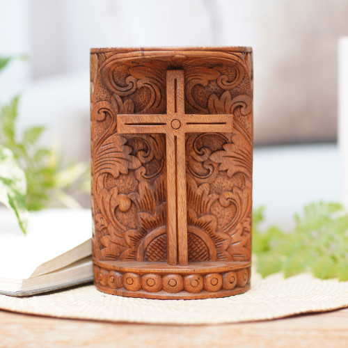 Suar Wood Hand Carved Cross with Floral Background 'Fern Cross'