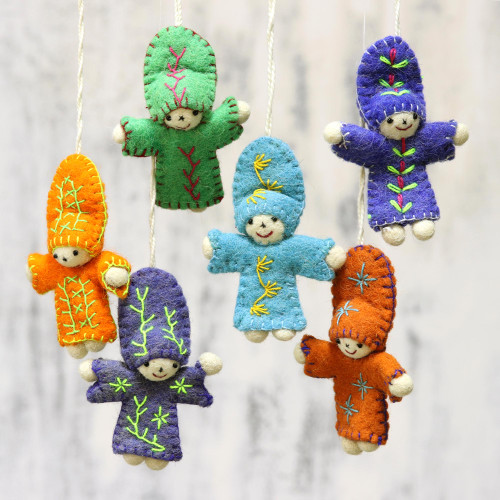 Six Colorful Wool Doll Ornaments from India 'Dancing Dolls'