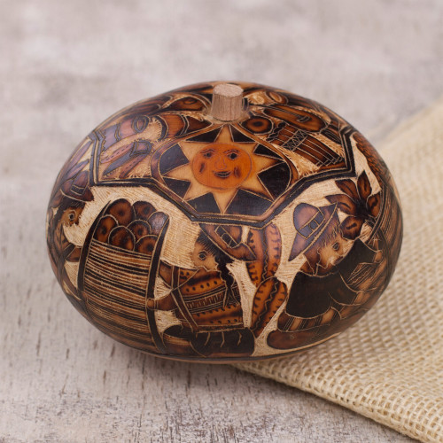 Hand Carved Andean Traditional Village Gourd Decorative Box 'Honoring Tradition' Hand Carved Andean Traditional Village Gourd Decorative Box 'Honoring Tradition'