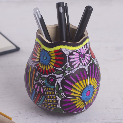 Colorful Bird and Flowers Hand Painted Gourd Desk Accessory 'Whistle While You Work'