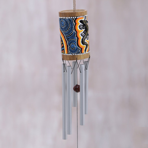 Hand-Painted Gecko-Themed Bamboo Wind Chimes from Bali 'Papua Gecko'