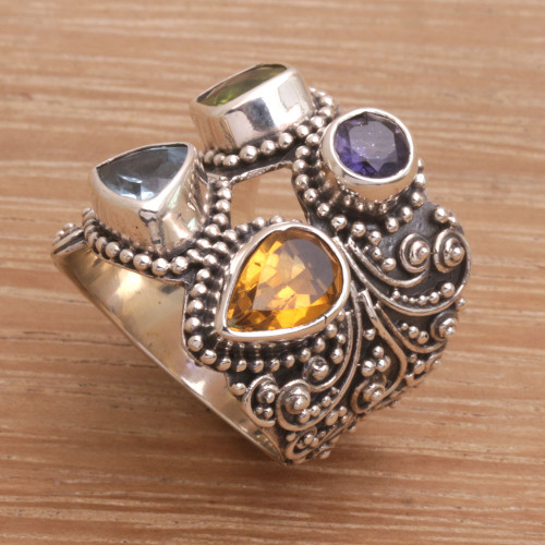 Multi-Gemstone and Sterling Silver Cocktail Ring from Bali 'Temple Quarter'