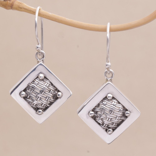 Woven Sterling Silver Diamond Shaped Dangle Earrings 'Weaving Ketupats'